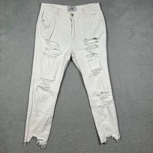 One Above Another White Distressed‎ Ripped Jeans High Rise Raw Hem Sz 8 Shredded